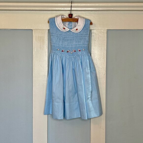 Solid Blue Smocked Dress Pink Rose Embroidery Peter Pan Collar & Sock Bundle - Picture 5 of 14